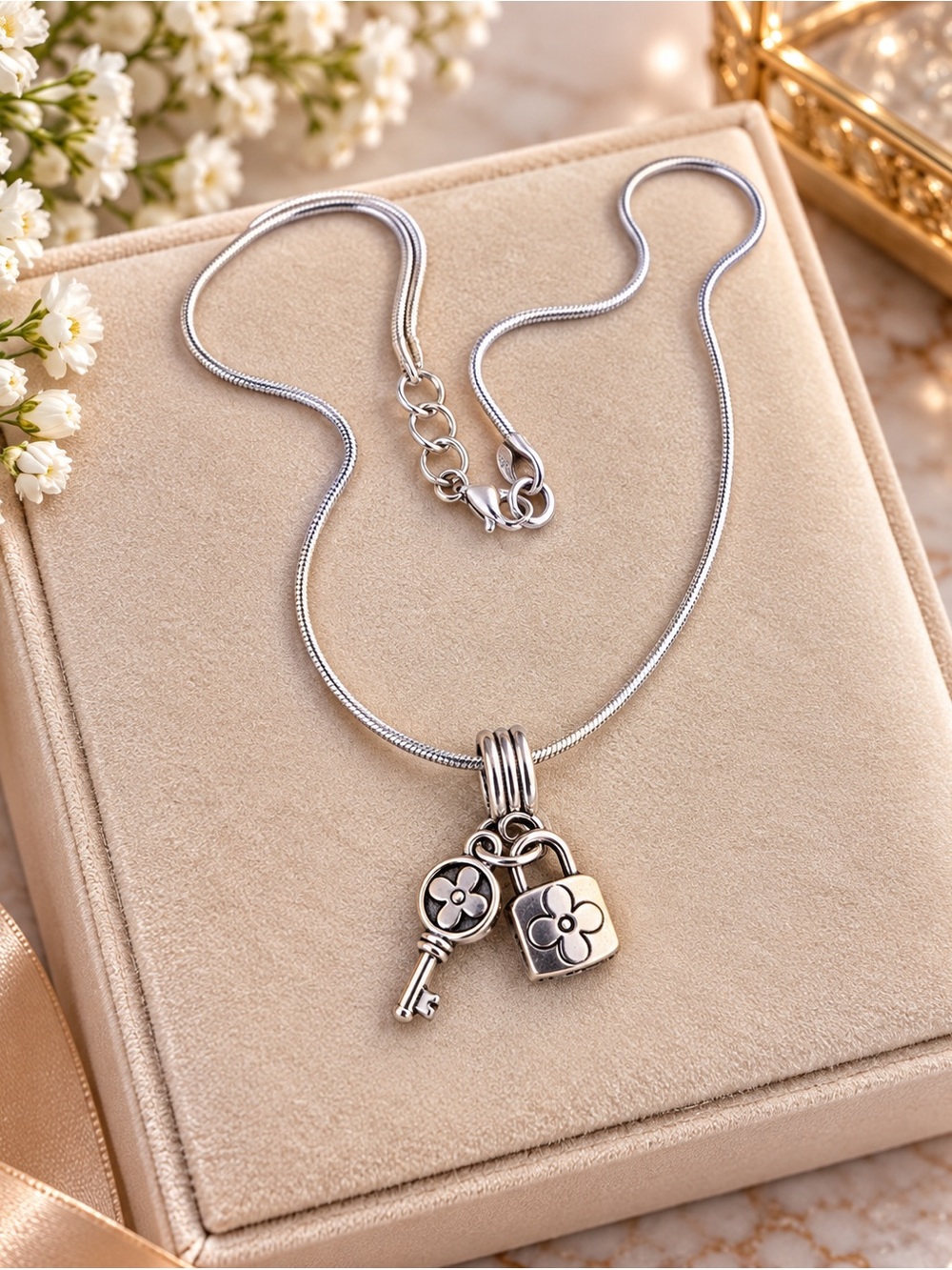 Stainless steel Key & Lock Pendant Necklace - Silver